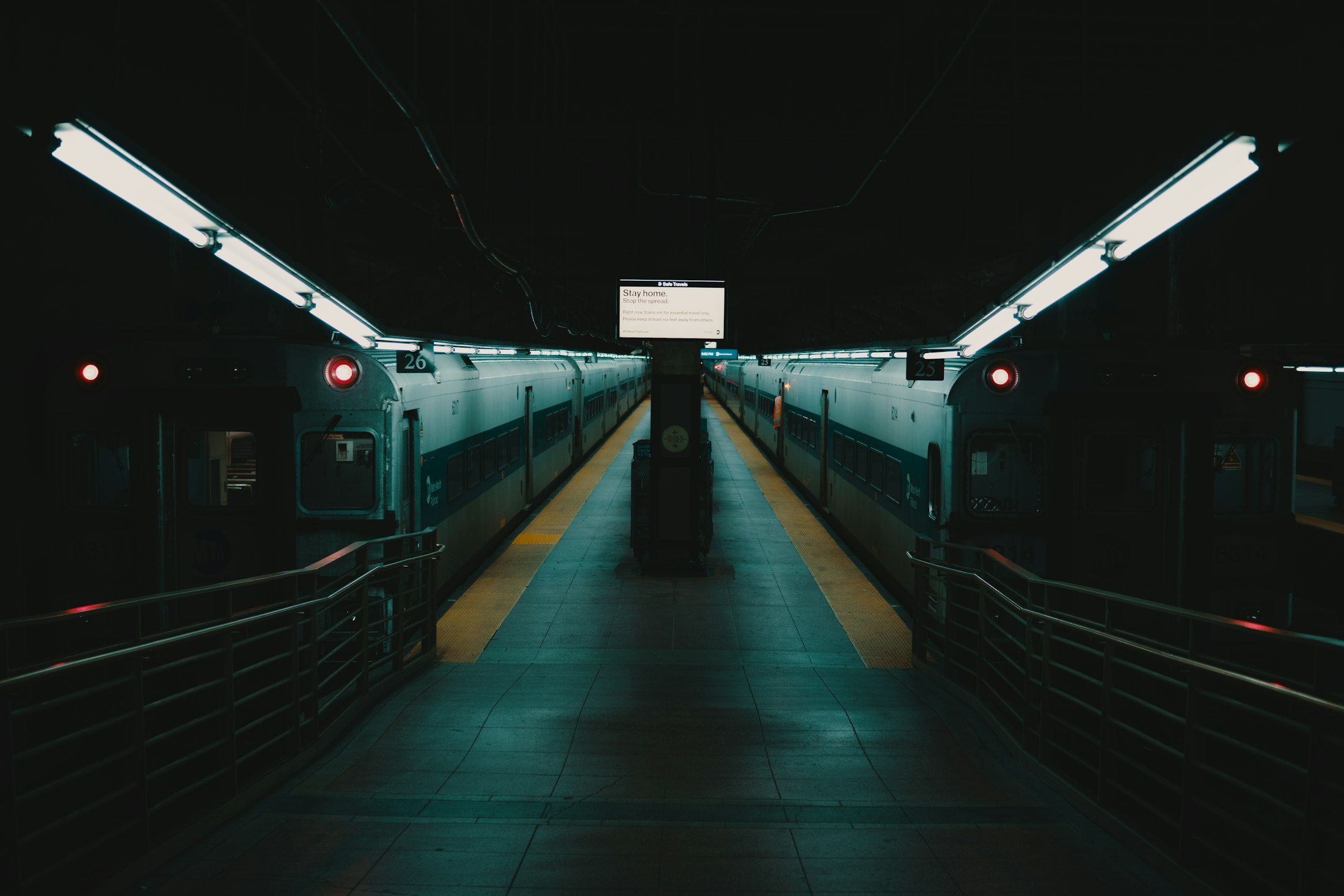 A station platform at night